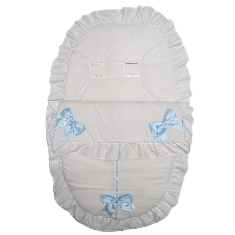 Plain White/Sky Car Seat Footmuff/Cosytoe With Large Bows & Lace